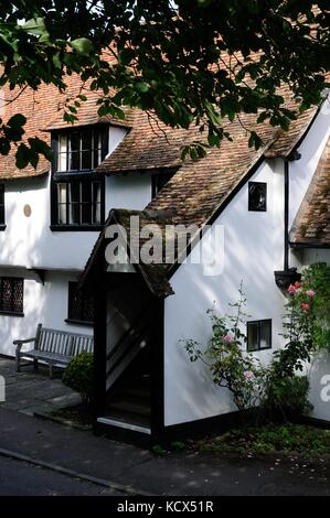 Town House, Barley, Hertfordshire, is a beautifully restored early 16th century building with two outside staircases. Stock Photo