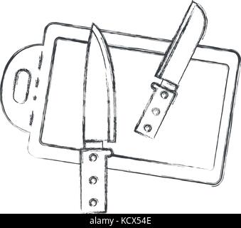 chopping board and knives monochrome blurred silhouette Stock Vector