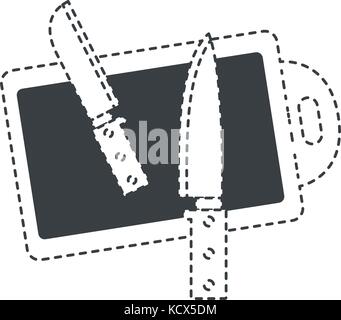 chopping board and knives black silhouette and dotted contour Stock Vector