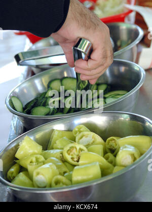 picture of a Cucumbers and paprikas in a metal bowl Stock Photo