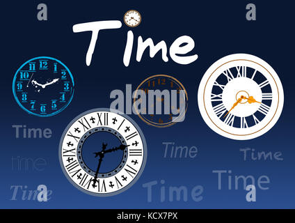 Several different clocks illustration from antique vintage and retro on blue background Stock Photo