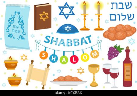 Shabbat Shalom icon set, flat, cartoon style. Collection of Jewish holidays symbol, design elements, Judaism concept. Isolated on white background. Vector illustration. Stock Vector