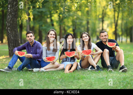 Portrait of friends sitting in row on grass with watermelon. Young smiling women and men relaxing at picnic with fruits on summer day. Healthy lifesty Stock Photo