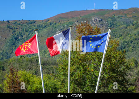 Flags fluttering in the wind with blue sky, Cathar, French, EU flag Stock Photo