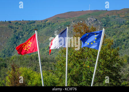 Flags fluttering in the wind with blue sky, Cathar, French, EU flag Stock Photo