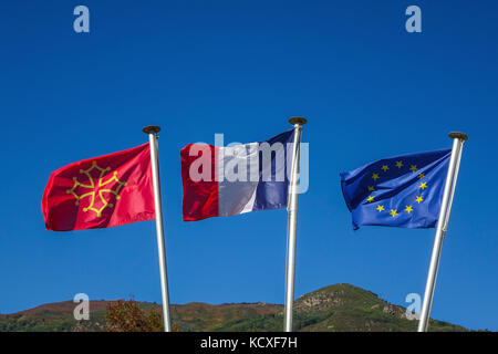 Flags fluttering in the wind with blue sky, Cathar, French, EU flag Stock Photo