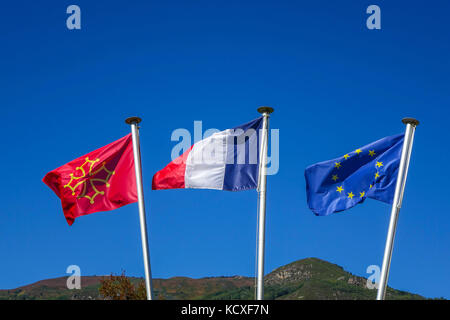 Flags fluttering in the wind with blue sky, Cathar, French, EU flag Stock Photo