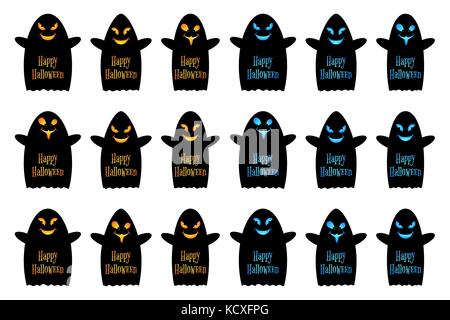 Cartoon ghost with smile, pupils of eyes, hands and inscription Happy Halloween. Set of vector black ghosts Halloween with orange and blue  gradient Stock Vector