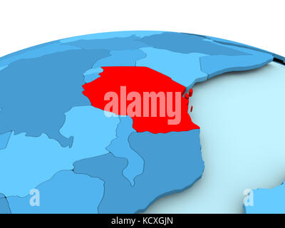 Map of Tanzania in red on blue political globe. 3D illustration. Stock Photo