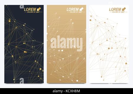 Modern golden set of vector flyers. Modern stylish polygonal pattern with connected line and dots. Molecule and communication background for medicine, science, technology, chemistry. Stock Vector