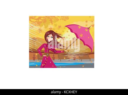 girl with umbrella on a rainy autumn day Stock Vector