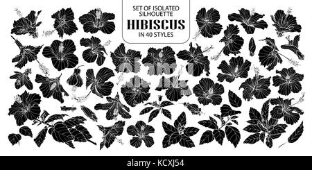 Set of isolated silhouette hibiscus in 40 styles. Cute hand drawn vector illustration flowers in white outline and black plane on white background. Stock Vector