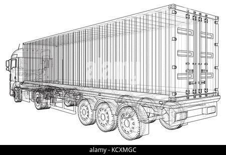 Model trailer truck. Wire-frame. EPS10 format. Vector rendering of 3d Stock Vector