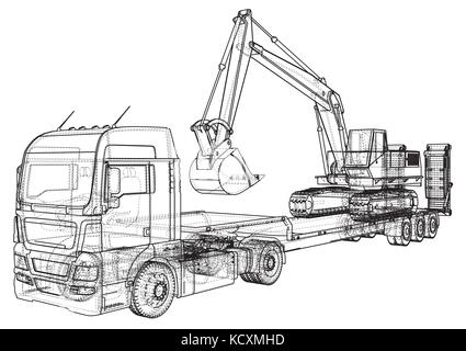 Low bed Truck Trailer and excavator. Wire-frame. EPS10 format. Vector rendering of 3d Stock Vector