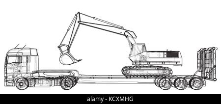 Low bed Truck Trailer and excavator. Abstract drawing. Wire-frame. EPS10 format. Vector created of 3d. Stock Vector