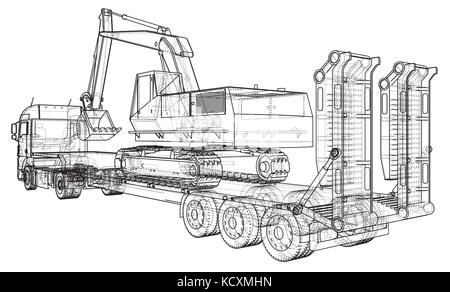 Low bed Truck Trailer and excavator. Wire-frame. EPS10 format. Vector rendering of 3d Stock Vector