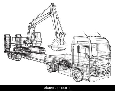 Low bed Truck Trailer and excavator. Wire-frame. EPS10 format. Vector created of 3d Stock Vector