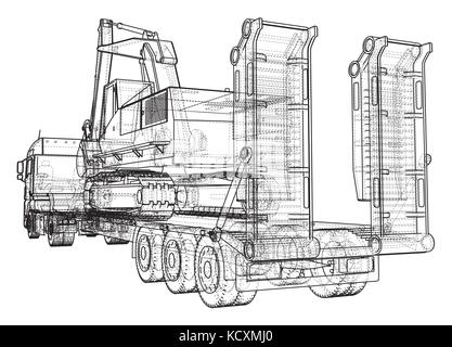 Low bed Truck Trailer and excavator. Wire-frame. EPS10 format. Vector rendering of 3d Stock Vector