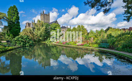 WELLS SOMERSET ENGLAND THE CATHEDRAL FROM THE BISHOPS PALACE GARDENS REFLECTED IN THE WATERS OF THE MOAT OR WELLS
