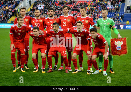 Moscow, Russia. 7th Oct, 2017. National team of Russia before international friendly match against South Korea at VEB Arena stadium in Moscow. Credit: Alizada Studios/Alamy Live News Stock Photo