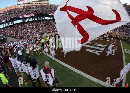 October 6, 2017: The Alabama Crimson Tide take the field at the start of the NCAA football game between the Alabama Crimson Tide and the Texas A&M Aggies at Kyle Field in College Station, TX; John Glaser/CSM. Stock Photo