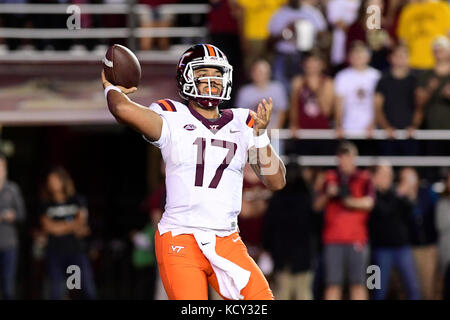 Chestnut Hill, Mass. 7th Oct, 2017. Virginia Tech Hokies quarterback Josh Jackson (17) throws a pass during the NCAA division 1 football game between the Virginia Tech Hokies and the Boston College Eagles, held at Alumni Stadium, in Chestnut Hill, Mass. Eric Canha/CSM/Alamy Live News Stock Photo