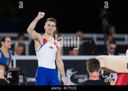 Montreal, Canada. 07th Oct, 2017. Gold medal winner Max Whitlock of Great Britain (194) salutes after pommel horse during the apparatus finals of the Artistic Gymnastics World Championships 2017 at Olympic Stadium in Montreal, Canada. Daniel Lea/CSM/Alamy Live News Stock Photo