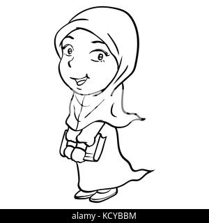Hand drawing of Cartoon Smiley Muslim Girl Holding book, isolated on white background. Black and White simple line Vector Illustration for Coloring Bo Stock Vector