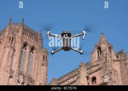 Drone camera flying over Liverpool cathedral, Merseyside Stock Photo