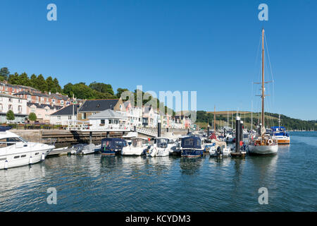 From the River Dart, Dartmouth, Devon - Dart Marina and Hotel with yachts and pleasure craft on water, hotel and buildings, trees and hills. Summer Stock Photo