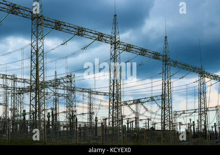 Distribution electric substation with power lines and transformers Stock Photo