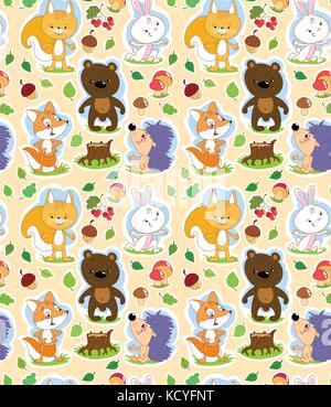 Seamless cartoon pattern, with cute forest animals and Autumn theme Stock Vector