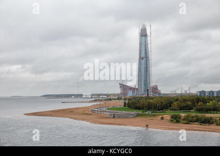 SAINT-PETERSBURG, RUSSIA - OCTOBER 05, 2017: View of the Lakhta Center under construction and the park of the 300th anniversary of St. Petersburg on a Stock Photo