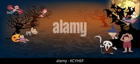 Halloween background,spooky many character of ghost,pumpkin with silhouette of tree and castle amd fullmoon on sky,vector illustration Stock Vector