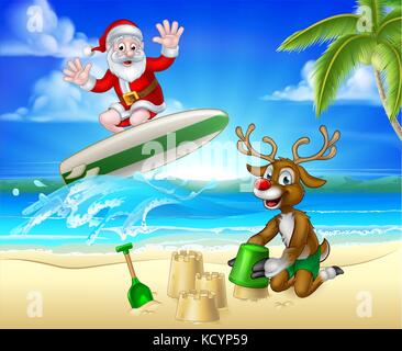 Santa Surfing and Reindeer on Tropical Beach Stock Vector