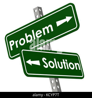 Problem and solution road sign in green color image with hi-res rendered artwork that could be used for any graphic design. Stock Photo