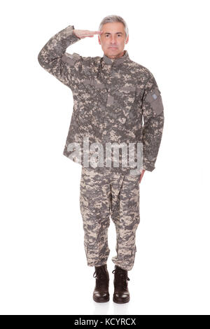 Mature Military Soldier Saluting Isolated On White Background Stock Photo