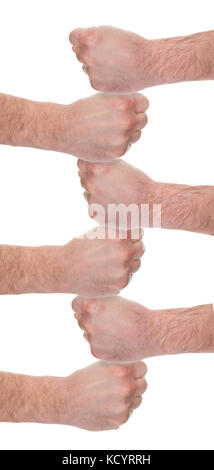 Close-up Of Human Fist Stacking On Each Other Over White Background Stock Photo