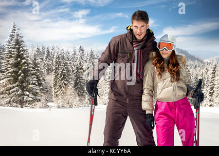 Portrait of young skiers on winter day Stock Photo