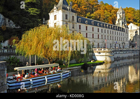 tour boat and Benedictine Abbey of Brantome, Brantome, Dordogne Department, Aquitaine, France Stock Photo
