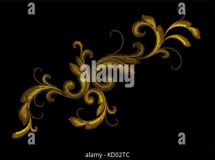 Golden Victorian Embroidery Floral Ornament. Stitch texture fashion print patch gold flower Baroque design element vector illustration art Stock Vector