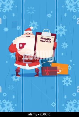 Santa Claus Hold Present List On Happy New Year Greeting Card Merry Christmas Holiday Concept Stock Vector