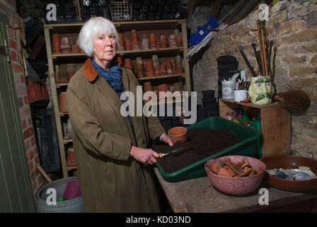 Gardener Mary Keen with her potting shed Stock Photo