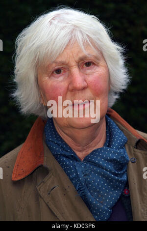 Gardener Mary Keen with her potting shed Stock Photo