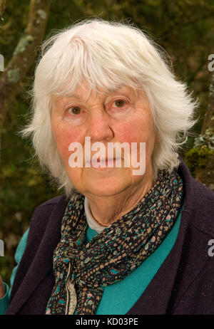 Gardener Mary Keen with her potting shed Stock Photo