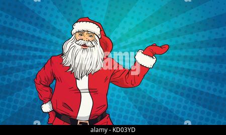 Santa Claus Hold Open Palm To Copy Space Pop Art Style Happy New Year And Merry Christmas Holiday Concept Stock Vector