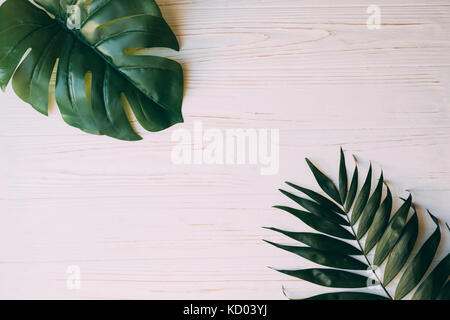 Creative layout made of various tropica palm and fern leaves on pastel pink background, Stock Photo