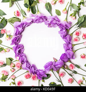 Flowers composition. Frame made of pink flowers. Valentine's Day. Flat lay, top view Stock Photo