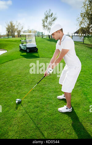 golf man player green putting hole golf ball Stock Photo