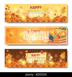Happy Thanksgiving Day Autumn Traditional Holiday Horizontal Banners Set Stock Vector